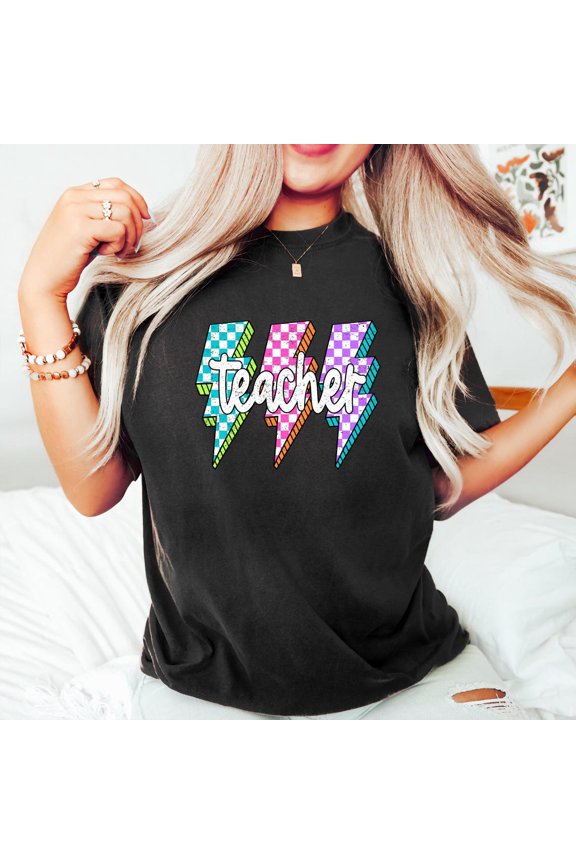 Lightning Bolt Teacher Shirt, Back to School Shirt, Neon Teacher Shirt, First Day of School Shirt, Checkered Shirt, Teacher Appreciation All Size S-5XL