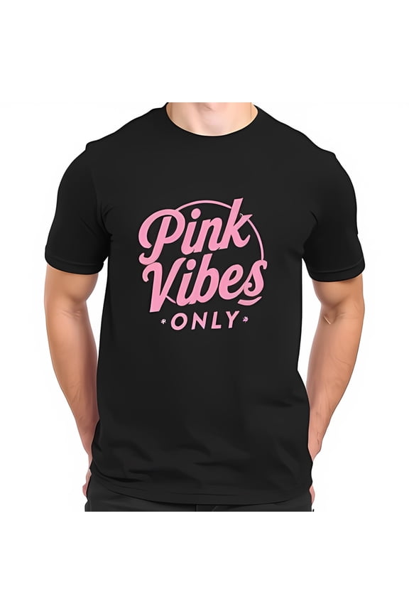 Men'S Black Cotton Short Sleeve T-Shirt With Retro 'Pink Vibes Only' -All-Cotton All Size S-5Xl
