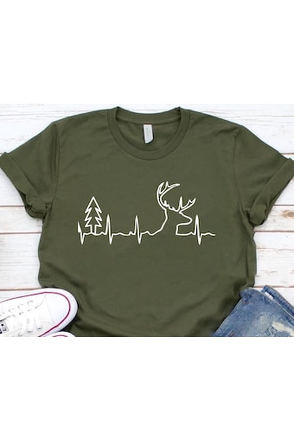 Menâs Buck Pulse Shirt,Unisex Heartbeat Stag, Graphic T-Shirt, Deer Pulse EKG, Heartbeat Buck Shirt, Gift for Hunter Deer Head Antlers