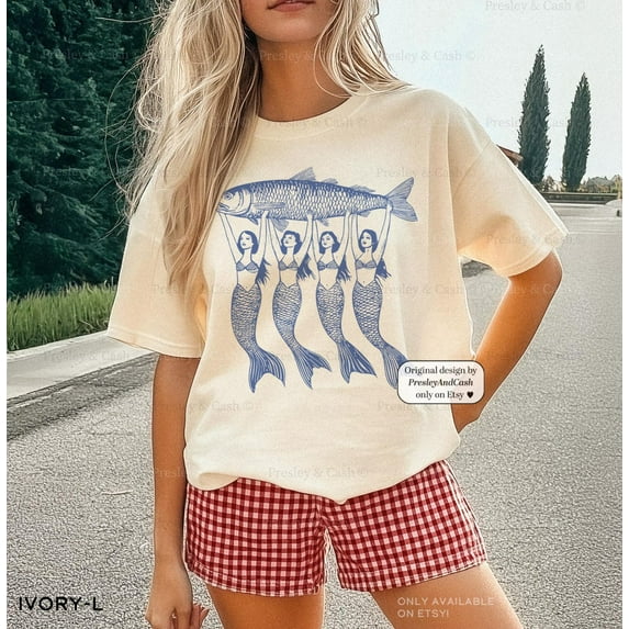 Simple Fit Mermaid Sardine Shirt Sardines Graphic Tee Coastal Aesthetic Tinned Fish Shirt Trendy Italian Summer Clothes S-5Xld Shirt