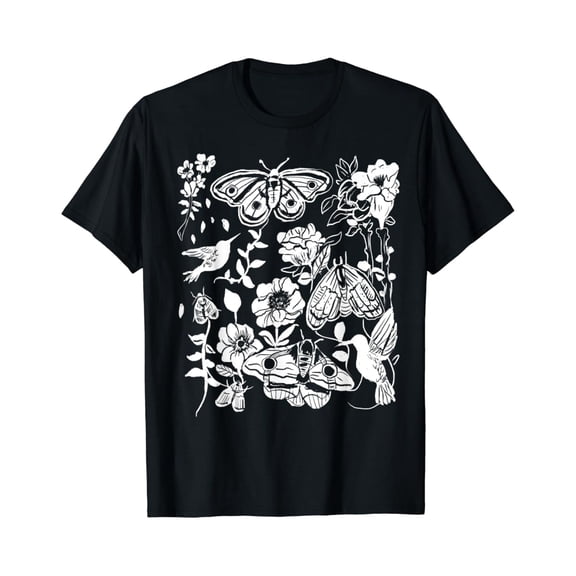 Simple Fit Moths, Flowers, Hummingbirds Witchy Garden Gothic T-Shirt