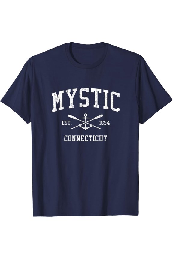 Mystic Ct Vintage Crossed Oars & Boat Anchor Sports T-Shirt All Size S-5XL