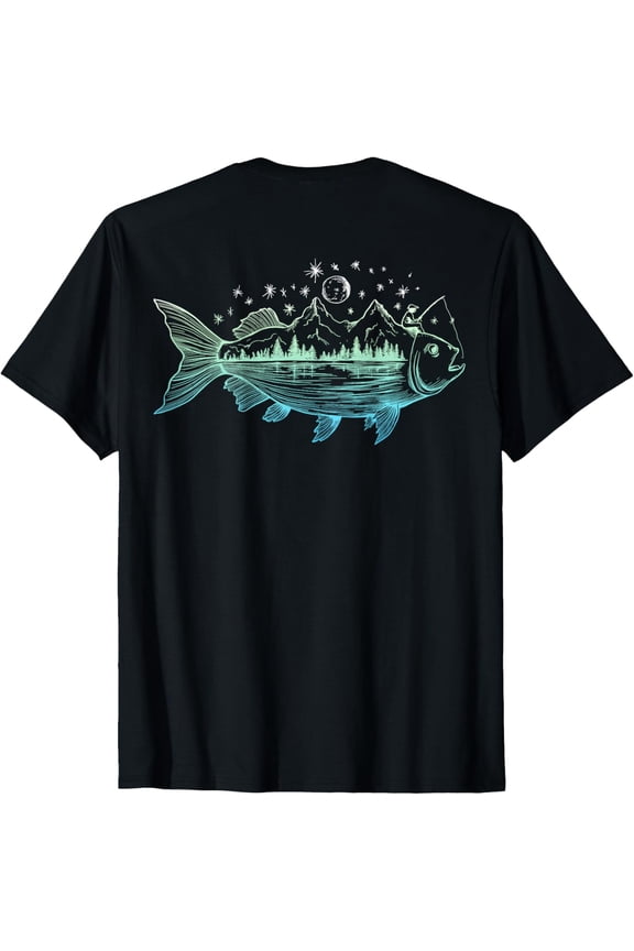 On Back Cool Fish Shaped From Mountains Nature Scene Fishing T-Shirt