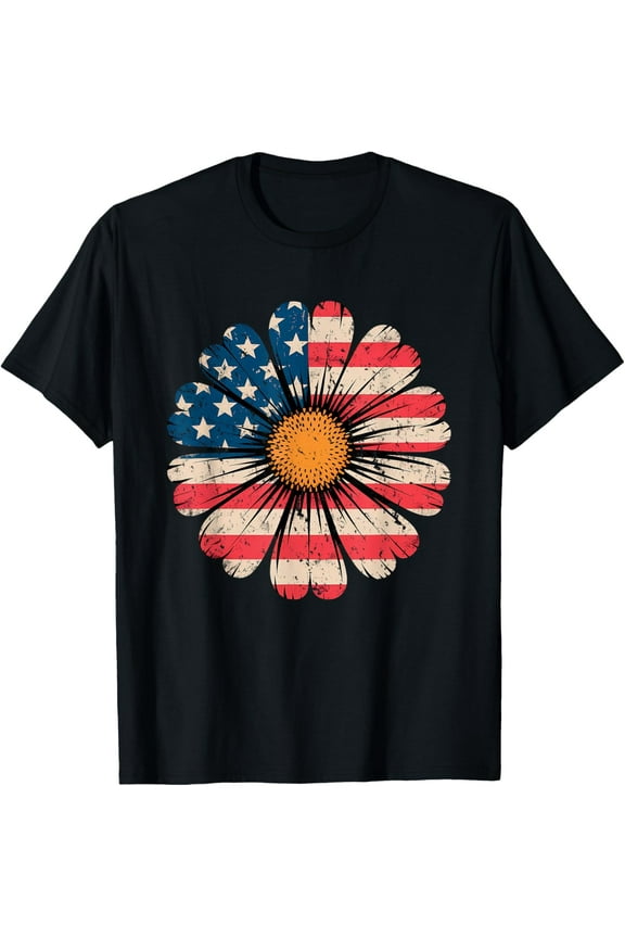Patriotic Daisy Flower Usa Flag 4Th Of July Boho Retro T-Shirt