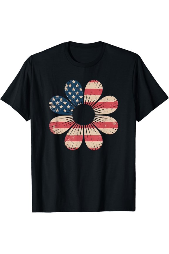 Patriotic Daisy Flower Usa Flag 4Th Of July Boho Retro T-Shirt
