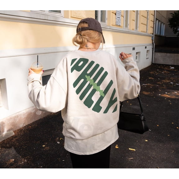 Simple Fit Philly Football Sweatshirt, Green and Beige Philadelphia Sports Fan Apparel Crewneck with Front & Back Print All Size S-5XL