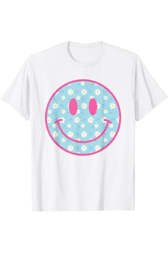 Pink Blue Happy Smiling Smile Face Daisy Flower Pattern Girl T-Shirt
