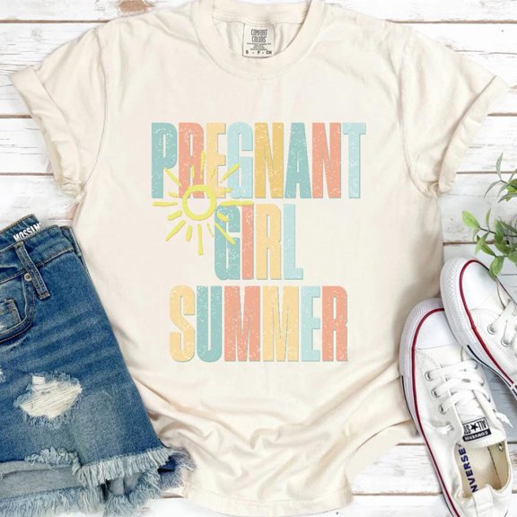 Simple Fit Pregnant Girl Summer Shirt, Pregnancy Reveal Tee, Beach Pregnancy Announcement T-Shirt, Sunny Baby Shower Gift, Soft Pastels Baby Mom Shirt