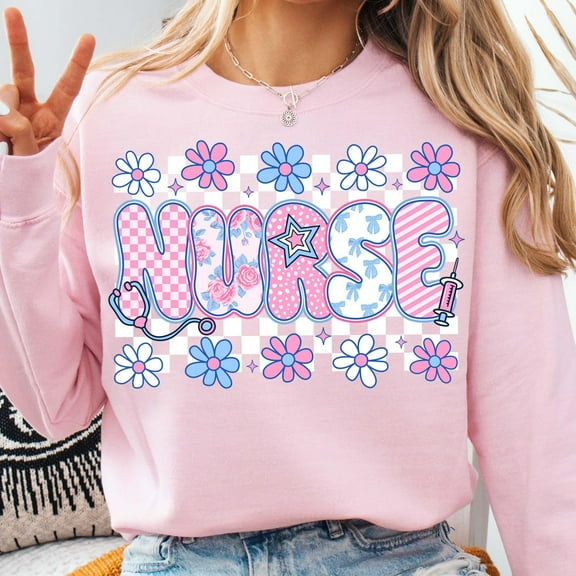 Simple Fit Preppy Checkered Nurse Blue Floral, Preppy Nurse Sweatshirt Design, Nurse Life, Nicu RN CNA, Everyday, Stethoscope All Size S-5XL