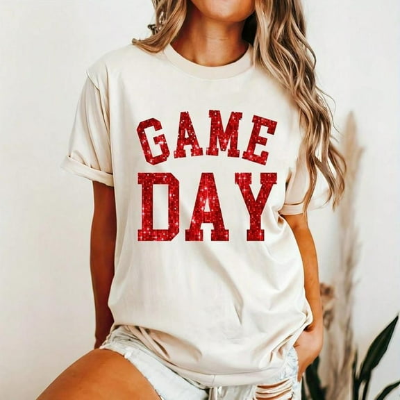 Simple Fit Red Sequins Football" Game Day T-Shirt, Vintage Team Spirit Shirt for Women, Football Mom Shirt, Unisex Fall Shirt, Gifts for Her All Size S-5XL