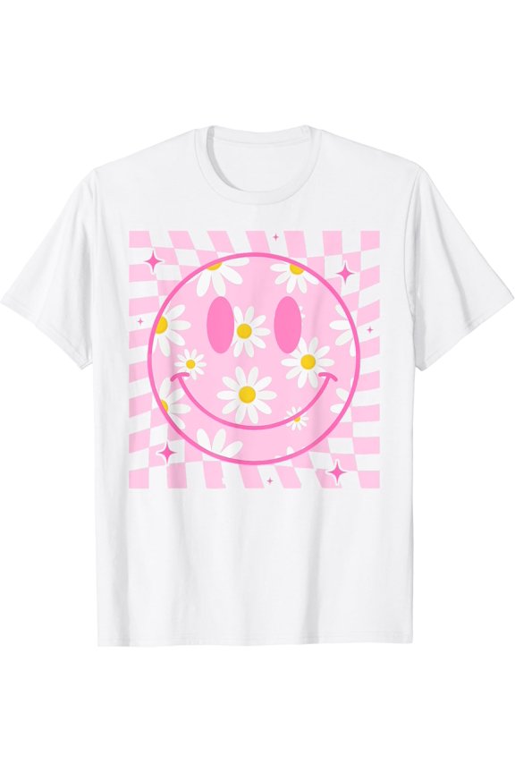 Retro Happy Smile Face Checkered Pattern Pink Daisy Flower T-Shirt