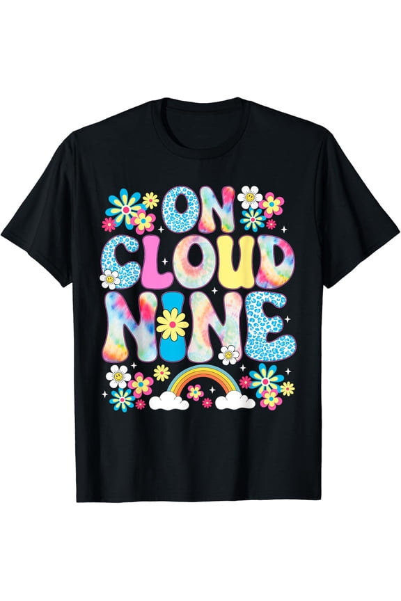 Retro On Cloud Nine Flower Happy 9Th Birthday 9 Years Old T-Shirt