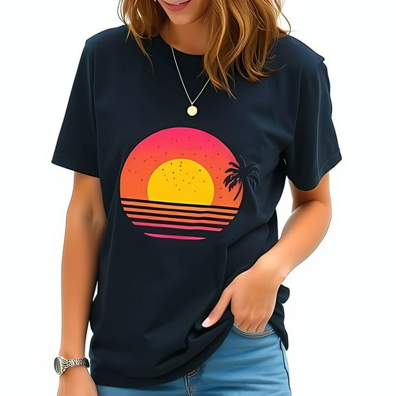 Simple Fit Retro Sunset Cotton Short Sleeve T-Shirt For Women - Navy Blue With -All-Cotton All Size S-5Xl
