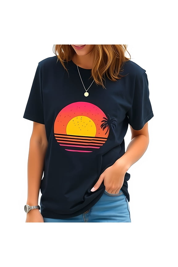 Retro Sunset Cotton Short Sleeve T-Shirt For Women - Navy Blue With -All-Cotton All Size S-5Xl