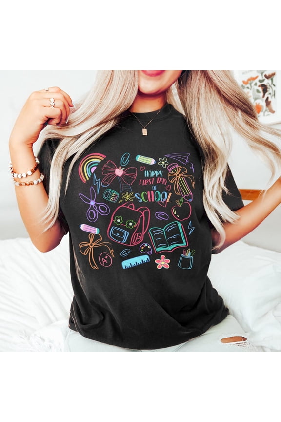School Doodles Shirt, Back to School Shirt, Happy First Day of School Shirt, Books Coquette Shirt, Kindergarten Teacher, School Stationery All Size S-5XL