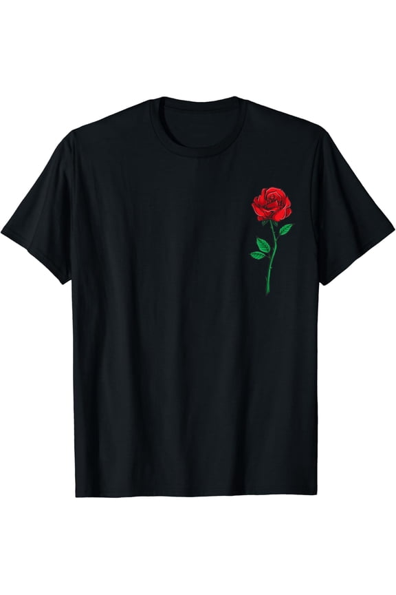 Single Red Rose Pocket Flower Romantic Love Pocket T-Shirt