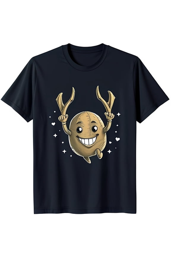 Smiling Brown Character With Antlers Graphic On Dark Blue Black T-Shirt All Size S-5Xl