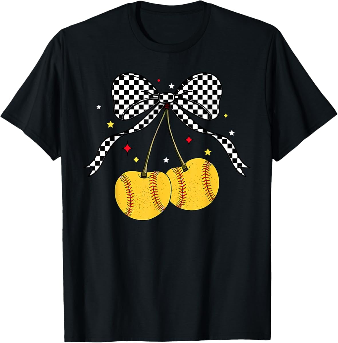 Simple Fit Softball Cherries Coquette Bow Checkered Softball Mom Girl T Simple Fit Softball Cherries Coquette Bow Checkered Softball Mom Girl T