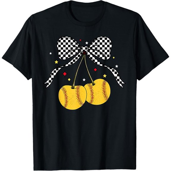 Simple Fit Softball Cherries Coquette Bow Checkered Softball Mom Girl T-Shirt All Size S-5Xl