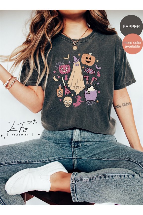 Simple Fit Spooky Doodles Shirt, Shirt, Spooky Season, Cute Ghost Shirt, Vintage Ghost Shirt All Size S-5XL