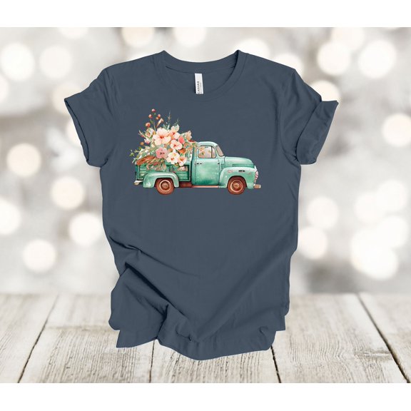 Simple Fit Spring Shirt, Old Truck Filled With Peach Flowers, Flower Truck, Vintage Truck, Soft Unisex Tee, Plus Size Available All Size S-5XL