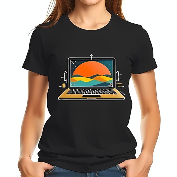 Simple Fit Stylish Black Cotton Short Sleeve T-Shirt With Retro Laptop And Sunsetall Cotton All Size S-5Xl