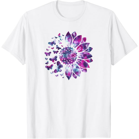 Simple Fit Sunflower Sun Flower Tie Dye Daisy Butterflies Women Girls T-Shirt