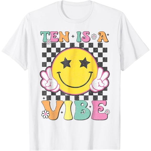 Simple Fit Ten Is A Vibe 10Th Birthday Groovy Smile Face 10 Years Old T-Shirt All Size S-5Xl