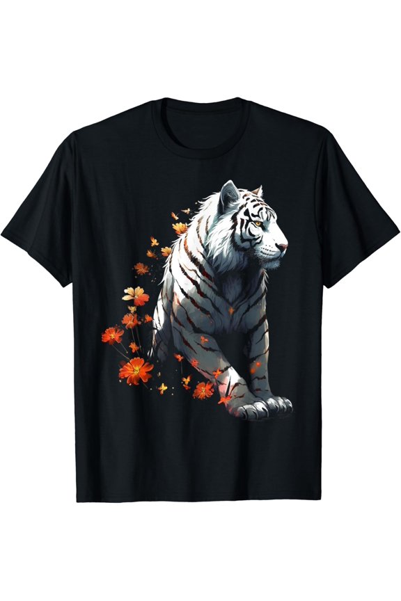 Tiger In White - Flower Art - Animal Art Tiger T-Shirt