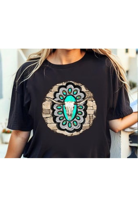 Unusual Turquoise With Steer Skull, Western Look Shirt, Cowboy, Soft Shirt, Plus Sizes Available All Size S-5XL