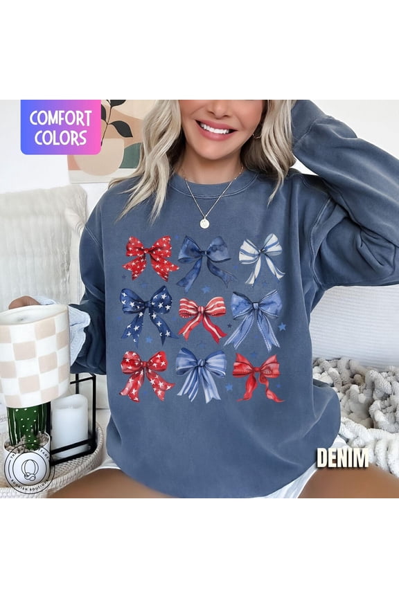 Usa Bow Sweatshirt, Coquette 4Th Of July Summer Outfit, Memorial Day Sweater, American Sweatshirt, Usa Patriotism Crewneck Gift For Him/Her Sweatshirt