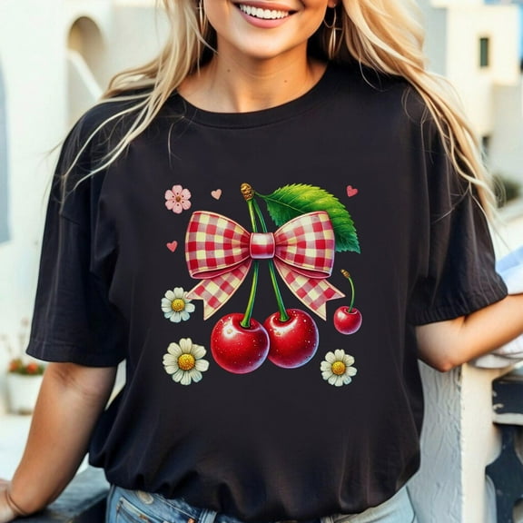 Simple Fit Valentine's Day, Cherries And Flowers, Red Cherry, Cute Bows, Coquette, Spring, Unisex Soft Tee, Plus Size Available All Size S-5XL