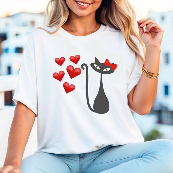 Simple Fit Valentine's Day, Red Hearts, Retro Shirt, Mid Century Cats, 50's, 60's, Classic Cat, Atomic, Soft Unisex Shirt, Plus Sizes Available All Size S-5XL