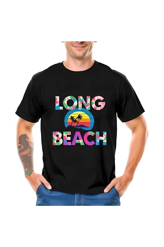 Vibrant 80S Style Long Beach- T-Shirt - Tropical Sunset Trees Design -All-Cotton All Size S-5Xl