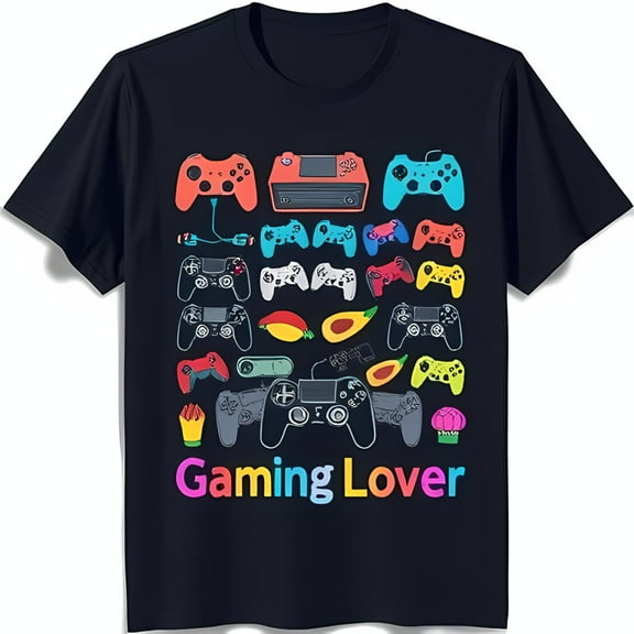 Simple Fit Vibrant Black T-Shirt With Colorful Gaming Controllers & 'Gaming Lover' Graphic All Size S-5Xl
