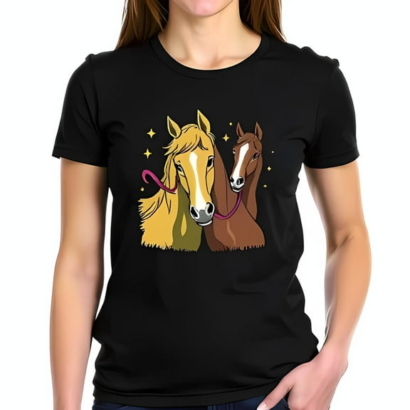 Simple Fit Vibrant - Cotton Short Sleeve T-Shirt Featuring Playful Horses With -All-Cotton All Size S-5Xl