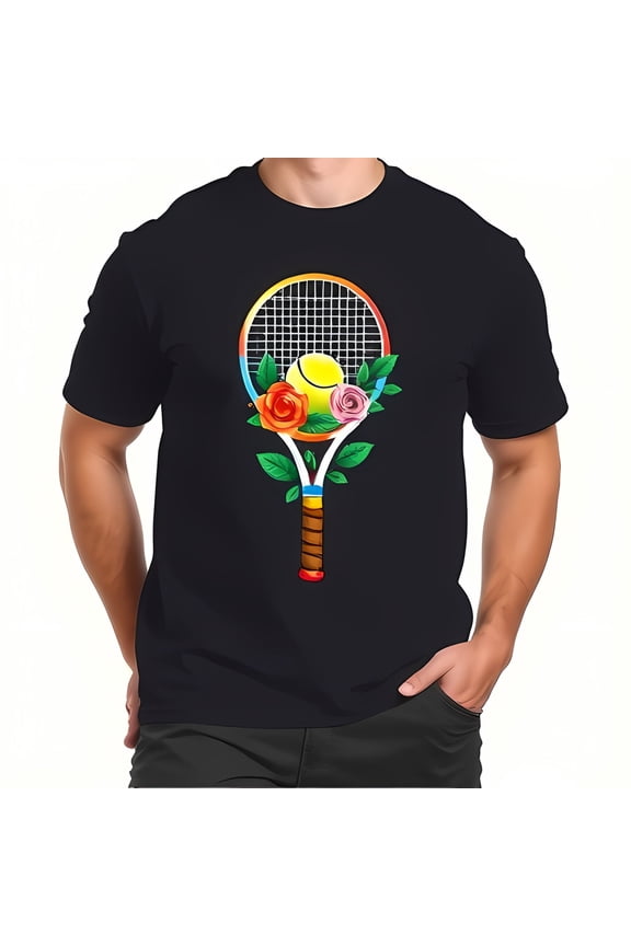 Vibrant Floral Tennis Racket T-Shirt For Men - Navy Blue Crew Neck-All Cotton All Size S-5Xl