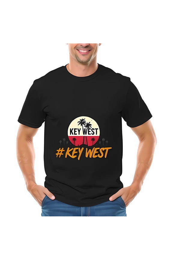 Vintage Key West T-Shirt For Men - Retro Trees Sunset Design -All-Cotton All Size S-5Xl