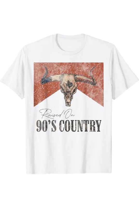 Vintage Western Bull Skull Raised On 90'S Country Music T-Shirt All Size S-5XL