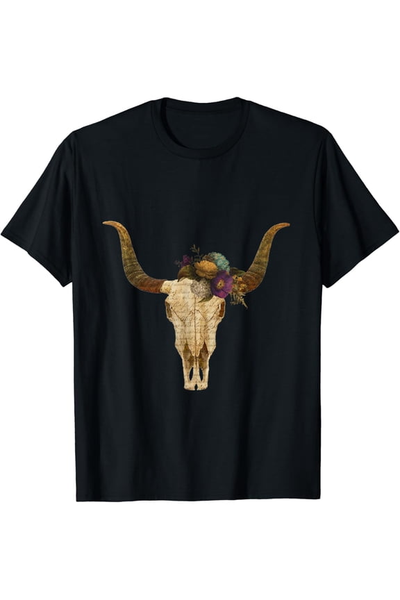 Vintage Western Floral Bull Skull Steer Horns T-Shirt