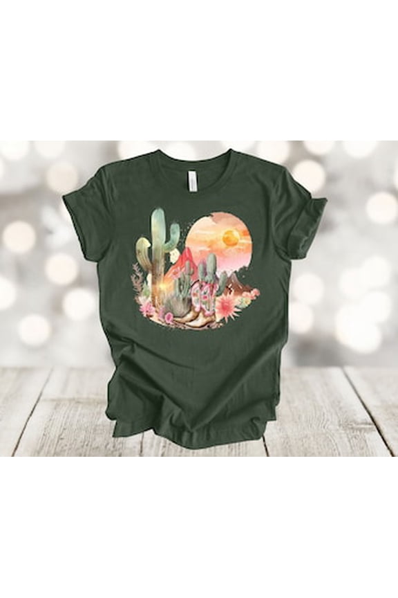 Western Shirt, Desert Scene, Desert Cactus, Cowboy Boot, Desert Sunset, Soft Unisex Tee, Plus Size Available All Size S-5XL