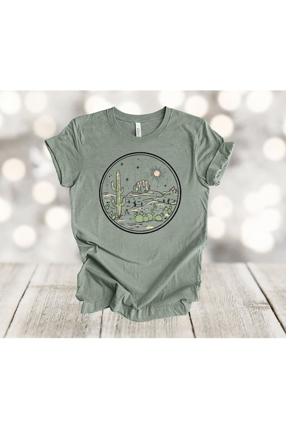 Western Shirt, Desert Sunset Scene, Cactus And Mountains, Soft Unisex, Plus Size Available All Size S-5XL