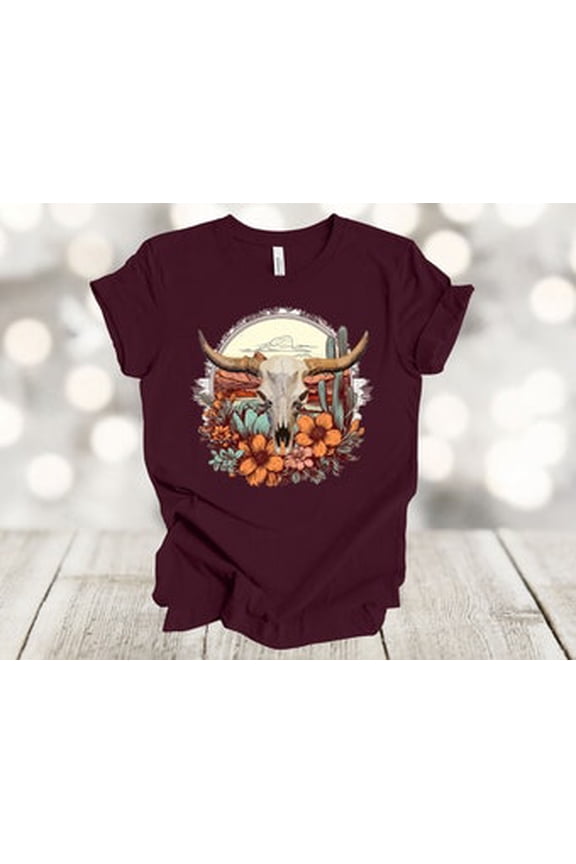 Western Tee Shirt, Desert Cow Skull With Flowers, Western Skull Shirt, Soft Unisex, Plus Size Available All Size S-5XL