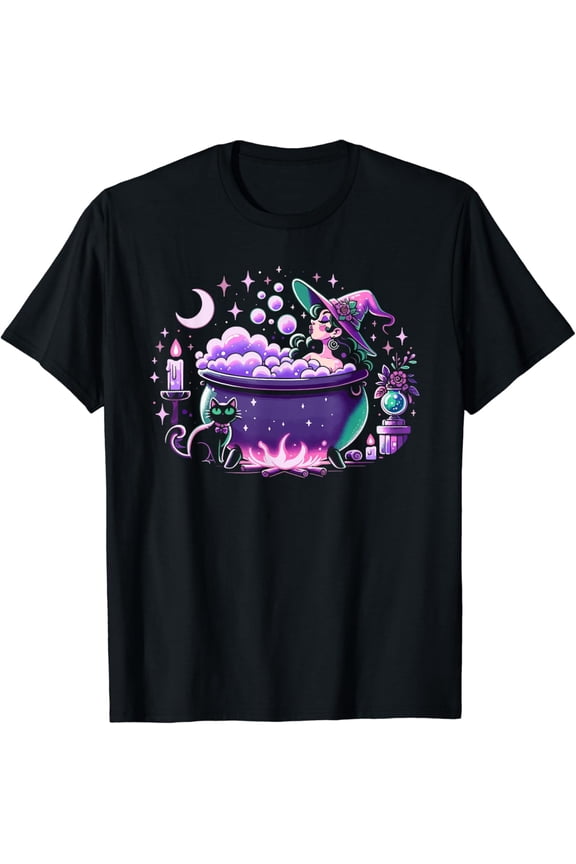 Witch Bubble Bath Cauldron Purple Pink Pastel Goth Cute Cat T-Shirt