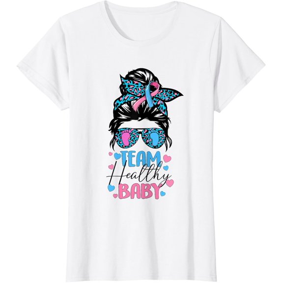 Simple Fit Womens Team Healthy Baby Gender Reveal Leopard Messy Bun T-Shirt All Size S-5XL