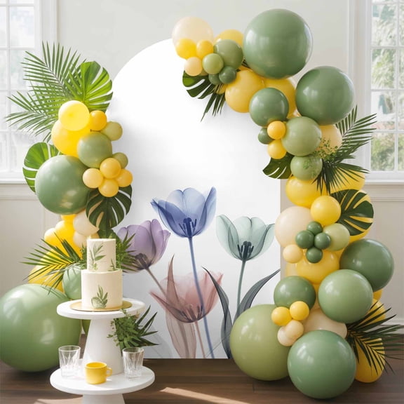 Simple Floral Arch Backdrop Cover, 5FT, Blue Green Purple Flower Leaves Pattern Spandex Arch Covers Double-Sided Backdrop for Wedding Birthday Party Photo Background Decoration