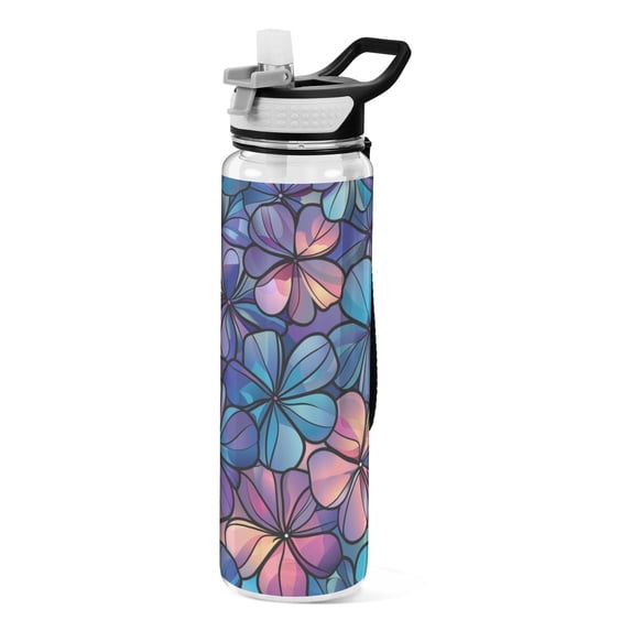 Simple Floral Flowers Sports Water Bottle Portable Travel Mug 32oz BPA Free Leak Proof Straw Transparent Tritan for Gym Yoga Cycling Camping