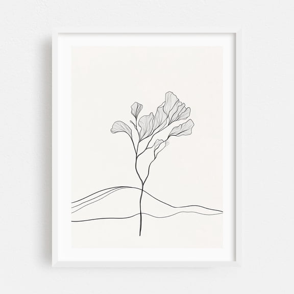 Simple Floral Line Art - Line Drawing Line Art Minimalist Botanical Black and White Floral Nature Abstract White Framed Wall Art Print 16 x 20 inches