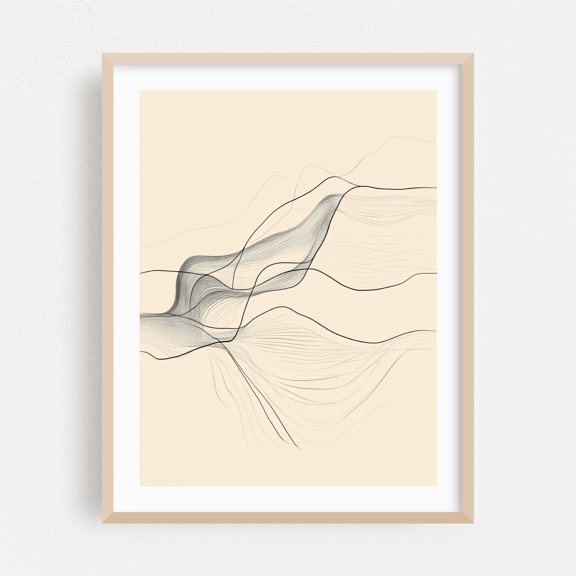 Simple Floral Line Drawing - Line Drawing Abstract Line Art Minimalist Modern Art Geometric Waves Black and White Oak Framed Wall Art Print 8 x 10 inches