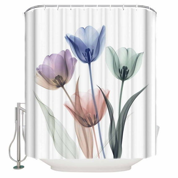 Simple Floral Shower Curtain, 48" x 72", Blue Green Purple Flower Leaves Pattern Waterproof Bathroom Curtain Washable Shower Curtain Set with 12 Hooks